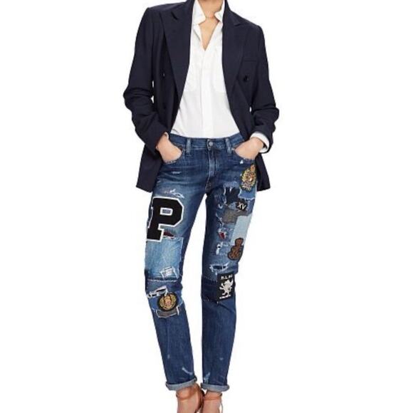 Ralph Lauren Astor Slim Boyfriend Jeans 26 Denim Distressed Patchwork Dungarees - Picture 4 of 8